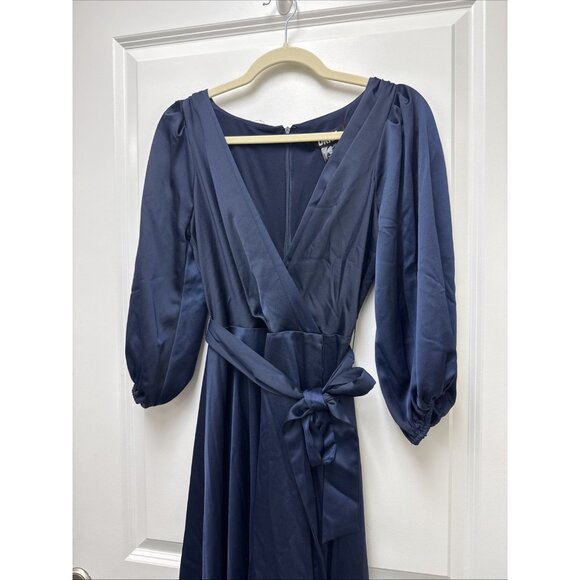 New DKNY Size 4 Navy Blue Balloon-3/4 Sleeve Faux-Wrap Gown Midi Dress Belted - Picture 3 of 11